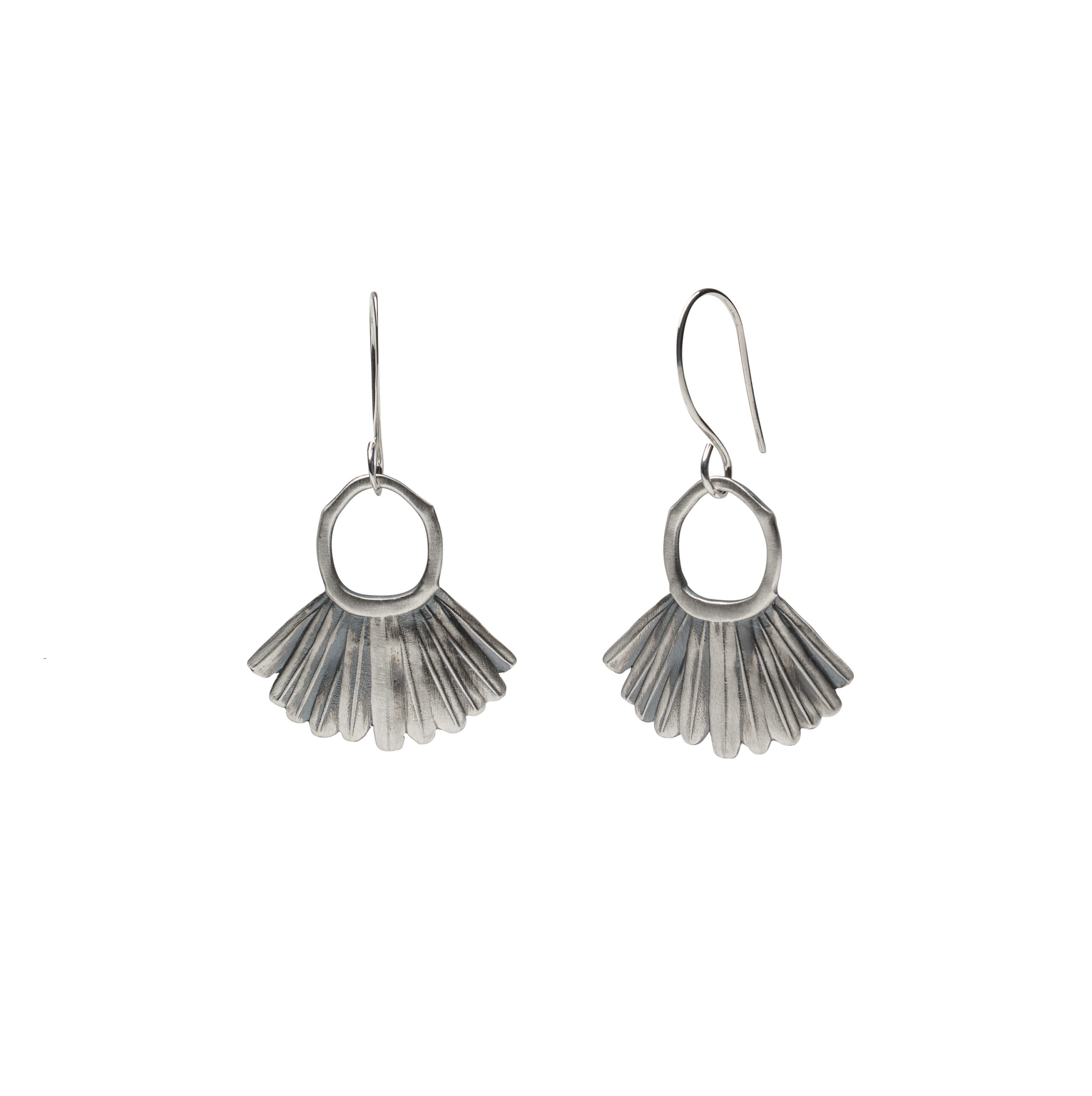 Sterling silver Zephyr Earrings with oxidized accents, inspired by the Red-tailed Hawk in flight.
