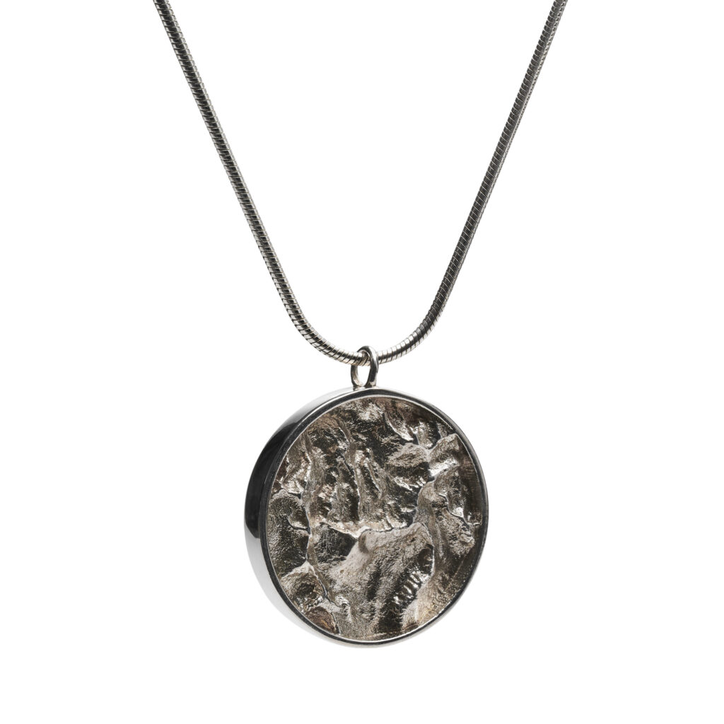 Sterling silver circular pendant depicting Mount Whitney’s topography on an 18-inch chain.