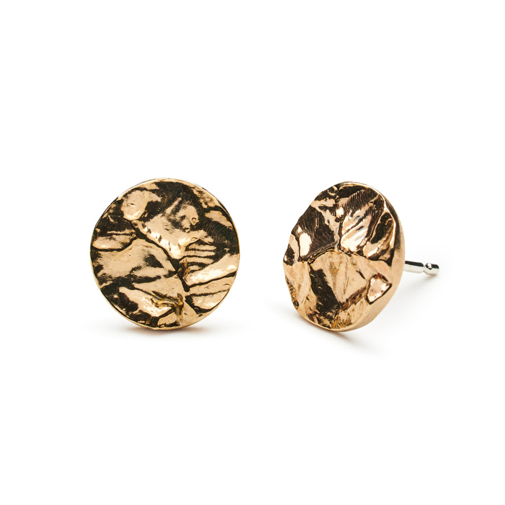 14K gold stud earrings with Mount Mansfield topography, 10 mm diameter, satin or shiny finish, inspired by Vermont landscapes.
