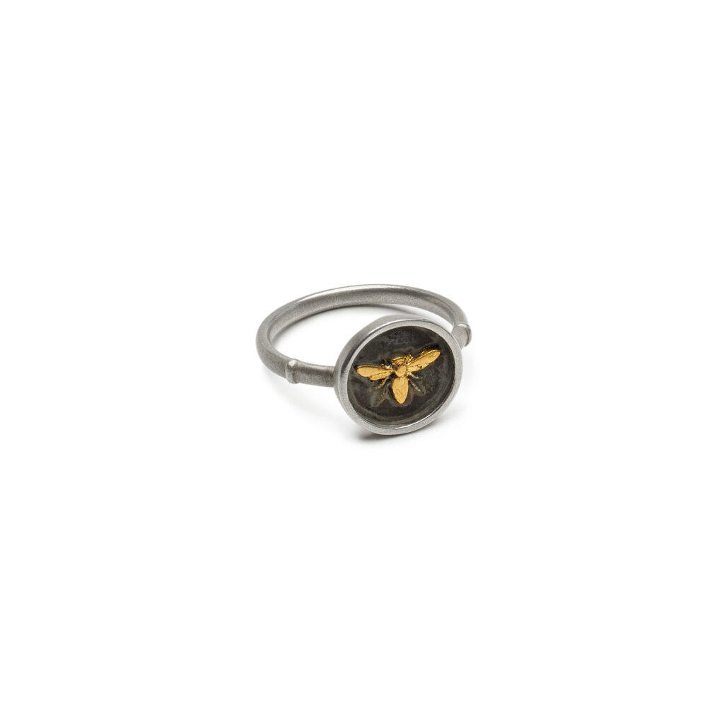 Bee ring in oxidized sterling silver with 24K gold
