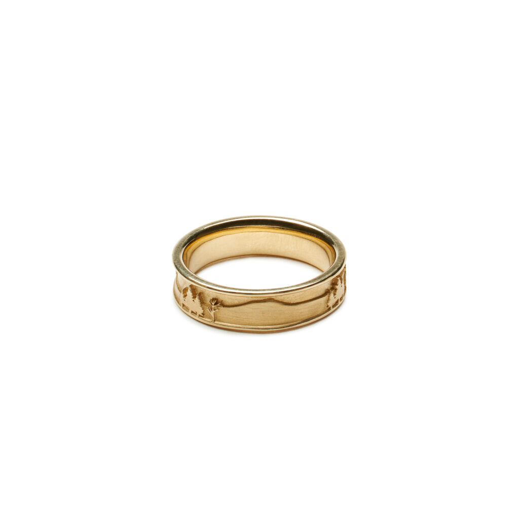 Ridgeview ring featuring mountain silhouette inspired by forest landscapes, available in 14K gold, 18K gold, or platinum.