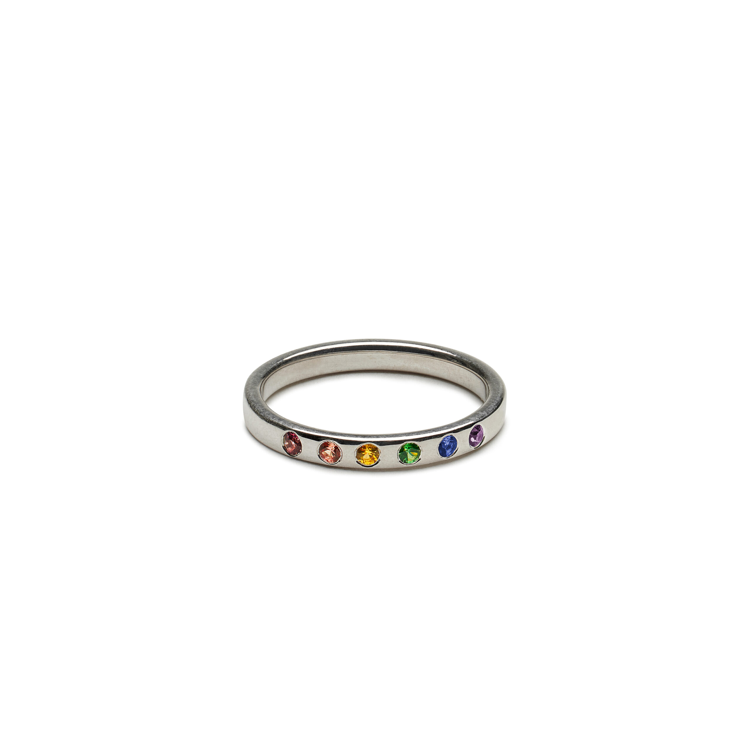 Rings depicting multiple stones arranged in a rainbow
