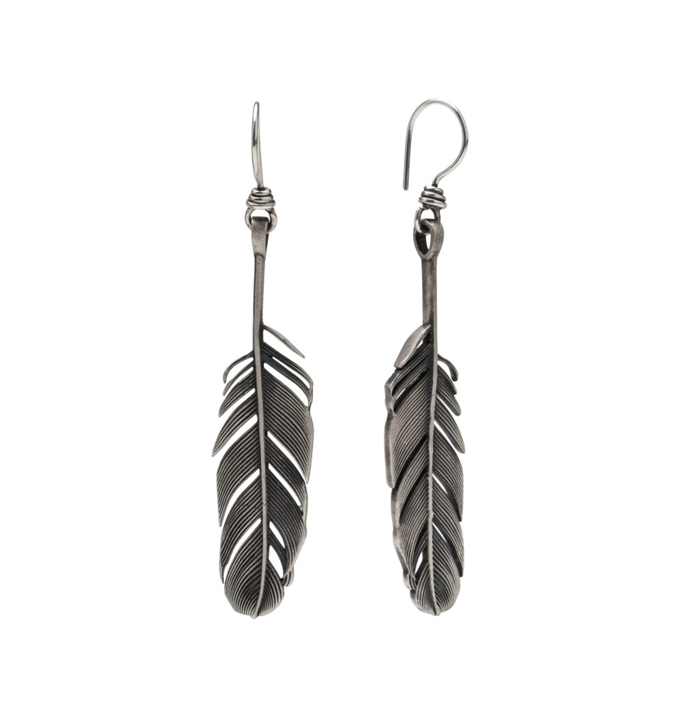 Sterling silver earrings shaped like raven feathers, capturing movement and natural elegance.