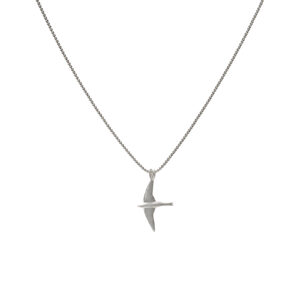 Recycled sterling silver or 14K gold pendant of a bird mid-flight on an 18-inch chain.