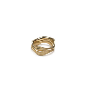 Undine ring set with two 14K yellow gold bands featuring fluid shapes in polished and satin finishes.