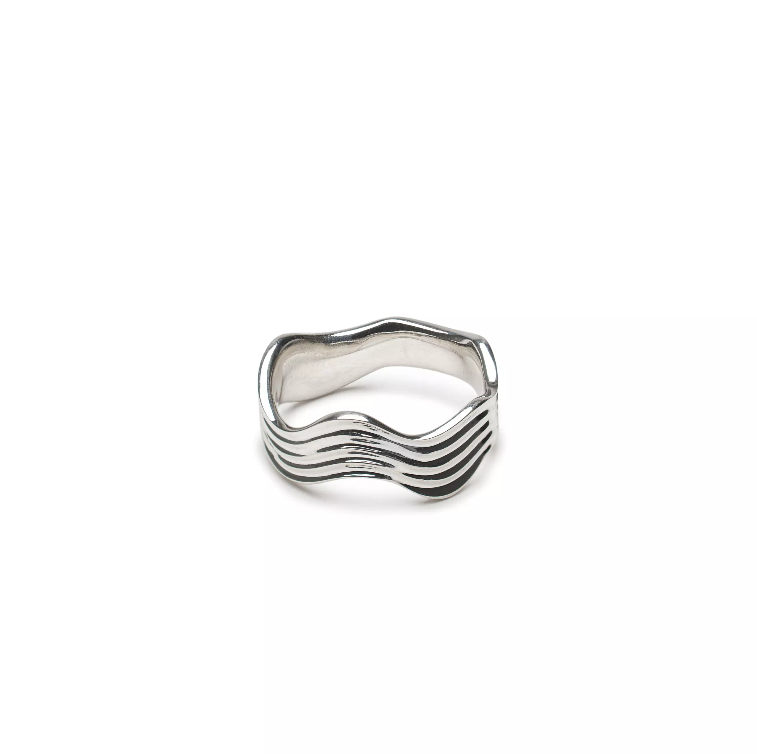 Rapids ring with a wide, sculptural contour inspired by river movement, available in silver, gold, or platinum.