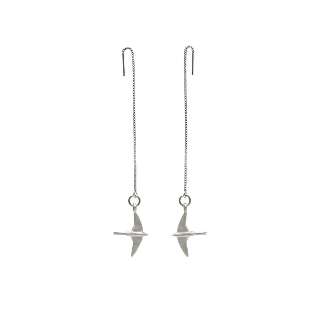 Bird-inspired sculptural earrings in sterling silver or 14K gold, 23 mm from wingtip to wingtip, available in threader or ear wire style.
