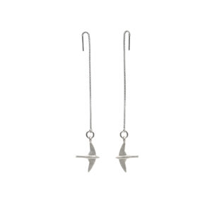 Bird-inspired sculptural earrings in sterling silver or 14K gold, 23 mm from wingtip to wingtip, available in threader or ear wire style.