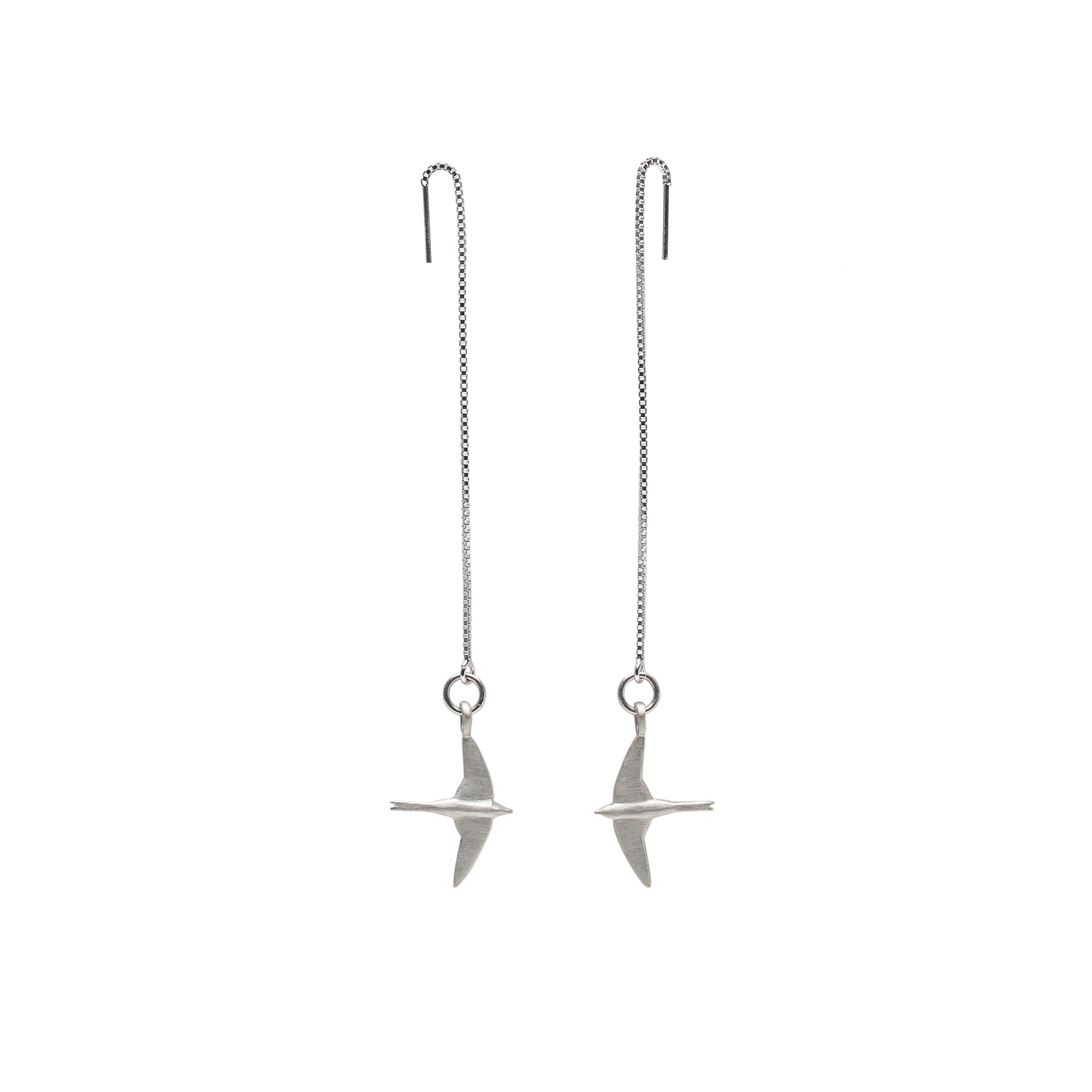 Bird-inspired sculptural earrings in sterling silver or 14K gold, 23 mm from wingtip to wingtip, available in threader or ear wire style.