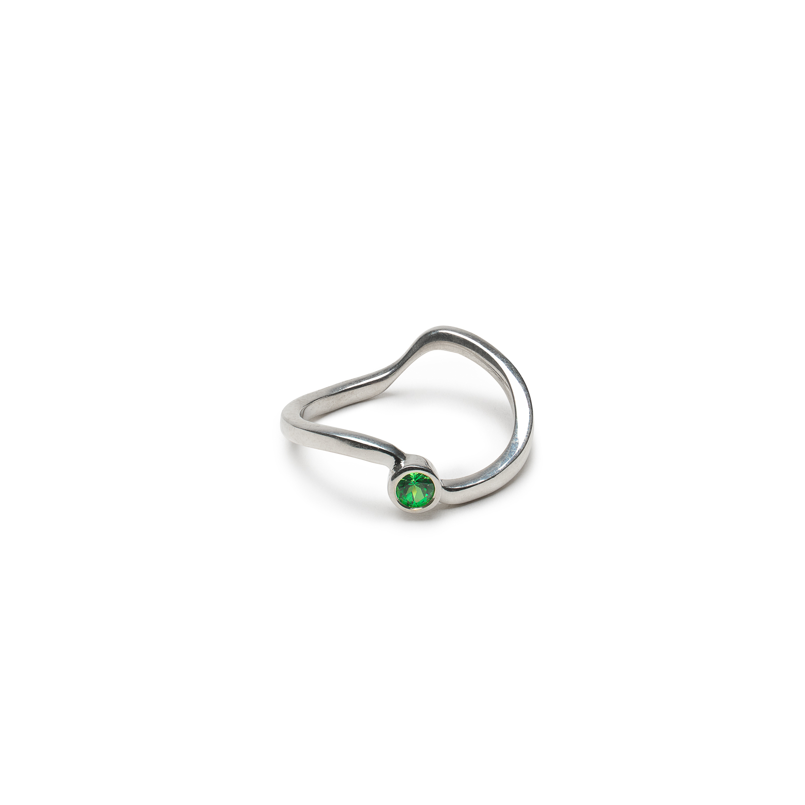 Sterling silver Tsavorite Flit Ring captures the motion of a hummingbird with a bezel-set green garnet. Minimal, elegant, and made to order.