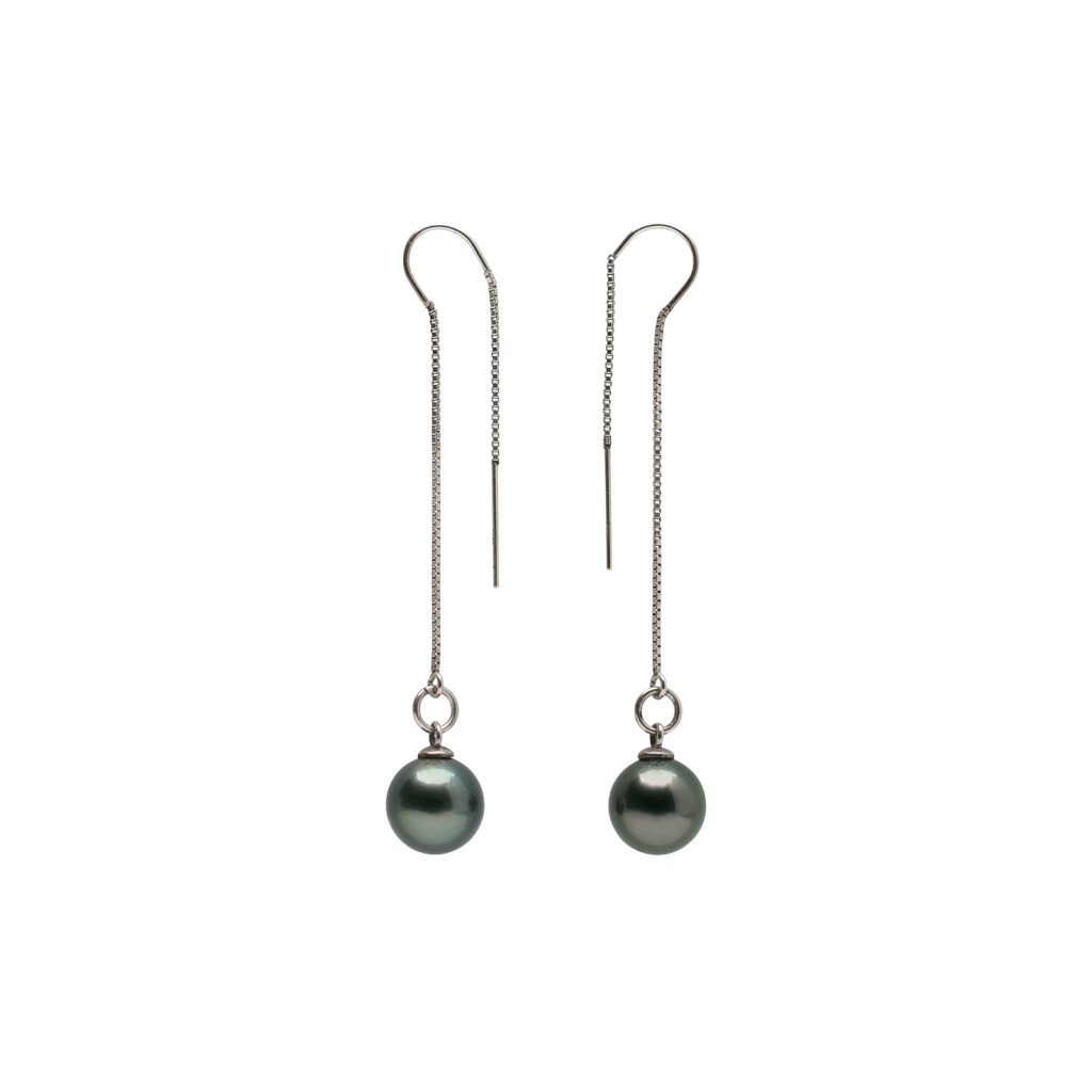 New Moon Earrings with 12mm grey Tahitian pearls on sterling silver threaders