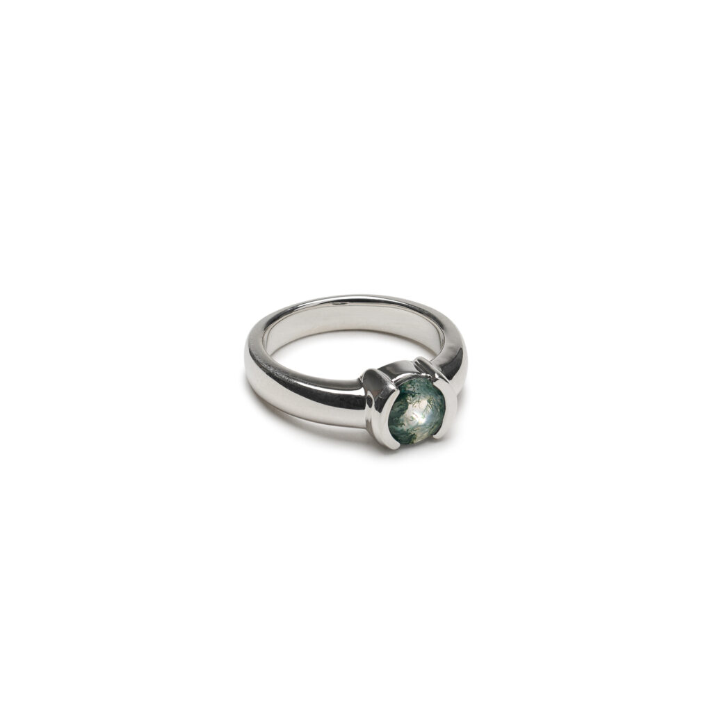 Sylvan Moss Ring with moss agate in a modern half-bezel setting