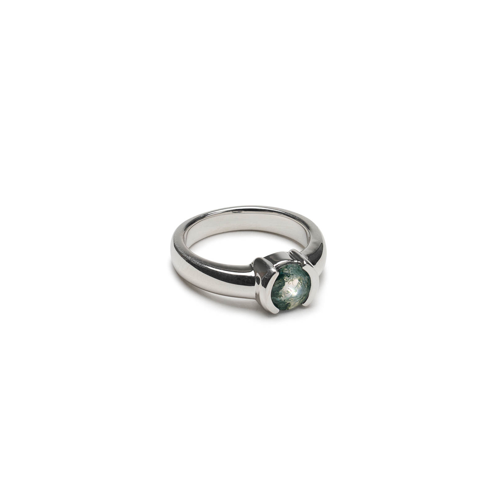 Sylvan Moss Ring with moss agate in a modern half-bezel setting