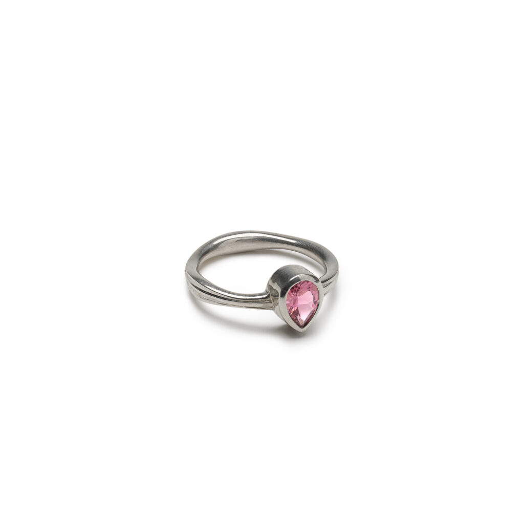Rivulet Ring with pear-shaped pink tourmaline in a river-inspired silver setting