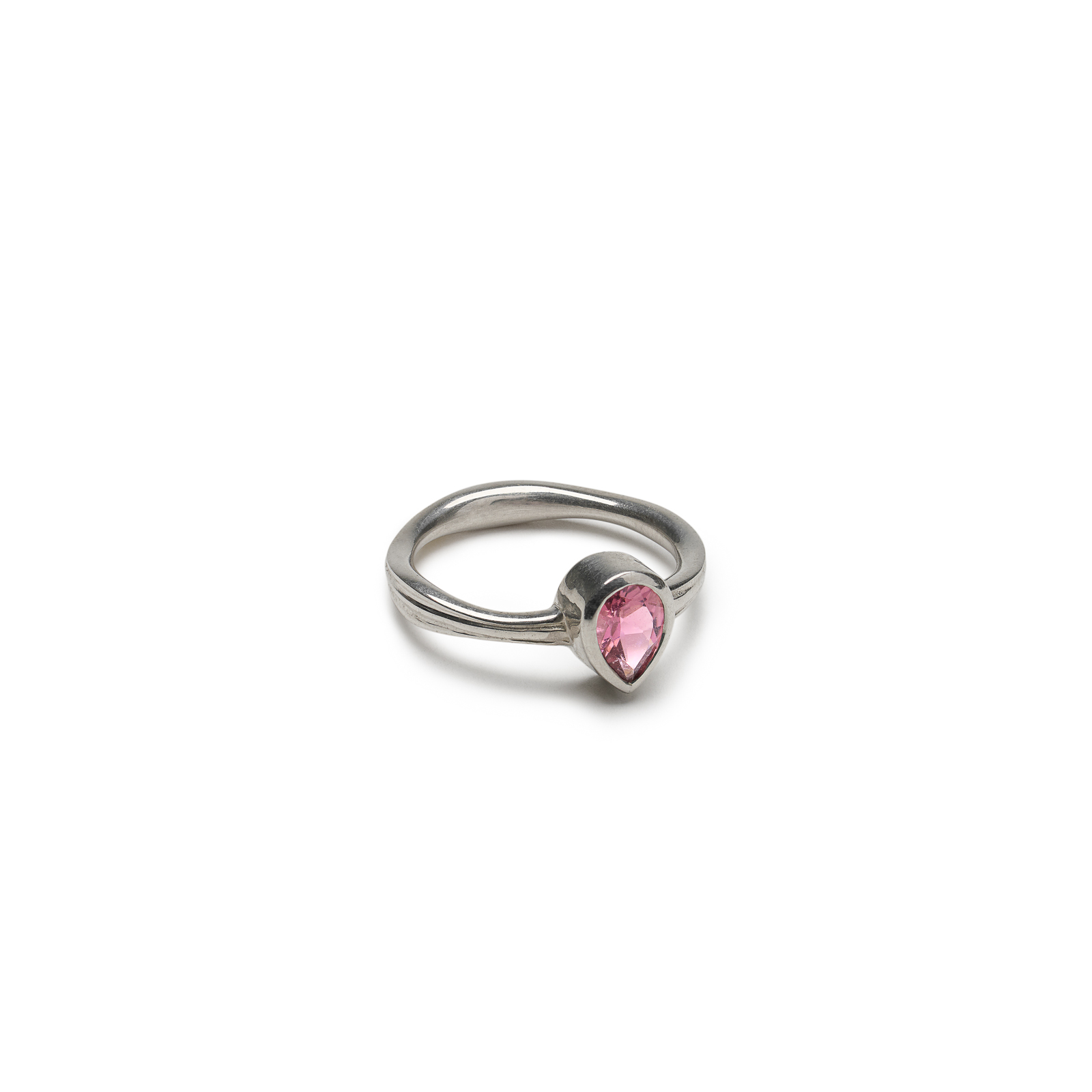 Rivulet Ring with pear-shaped pink tourmaline in a river-inspired silver setting